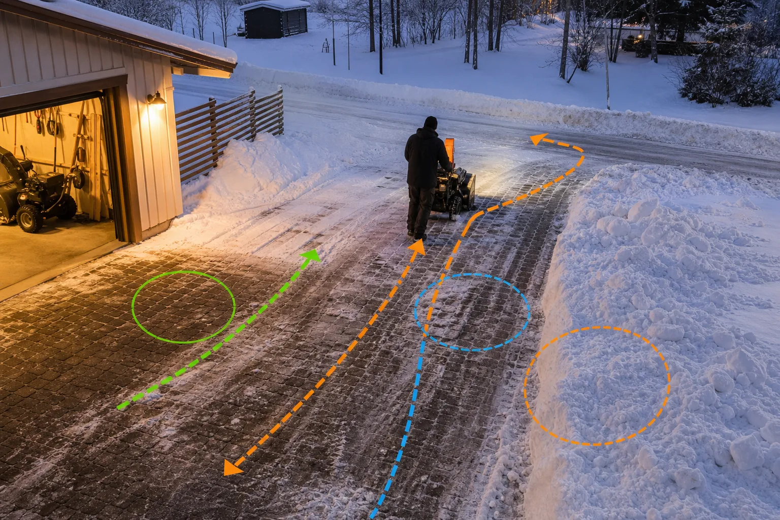 Infart med plan stenläggning, lutning och fält av torr, blöt och packad snö