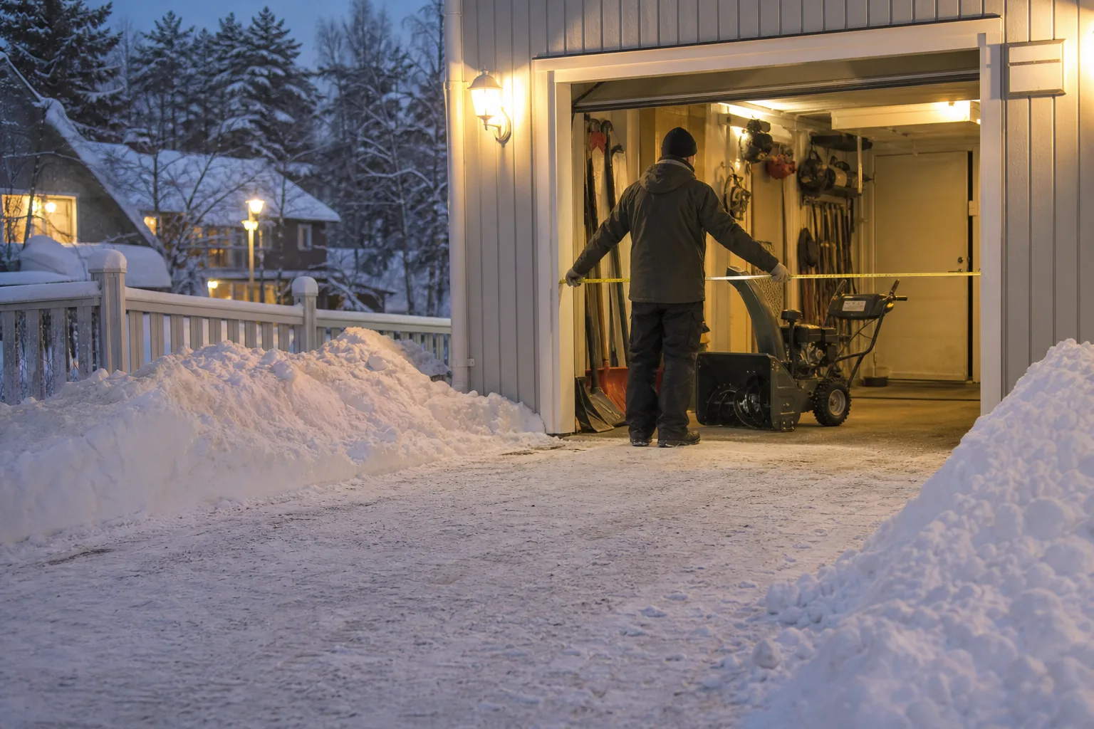 Tumstock som mäter en smal passage på en snötäckt villauppfart