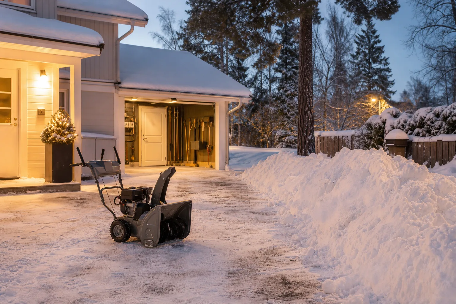 Bred uppfart där lätt nysnö övergår i en tung plogvall framför en varumärkesfri bensinsnöslunga