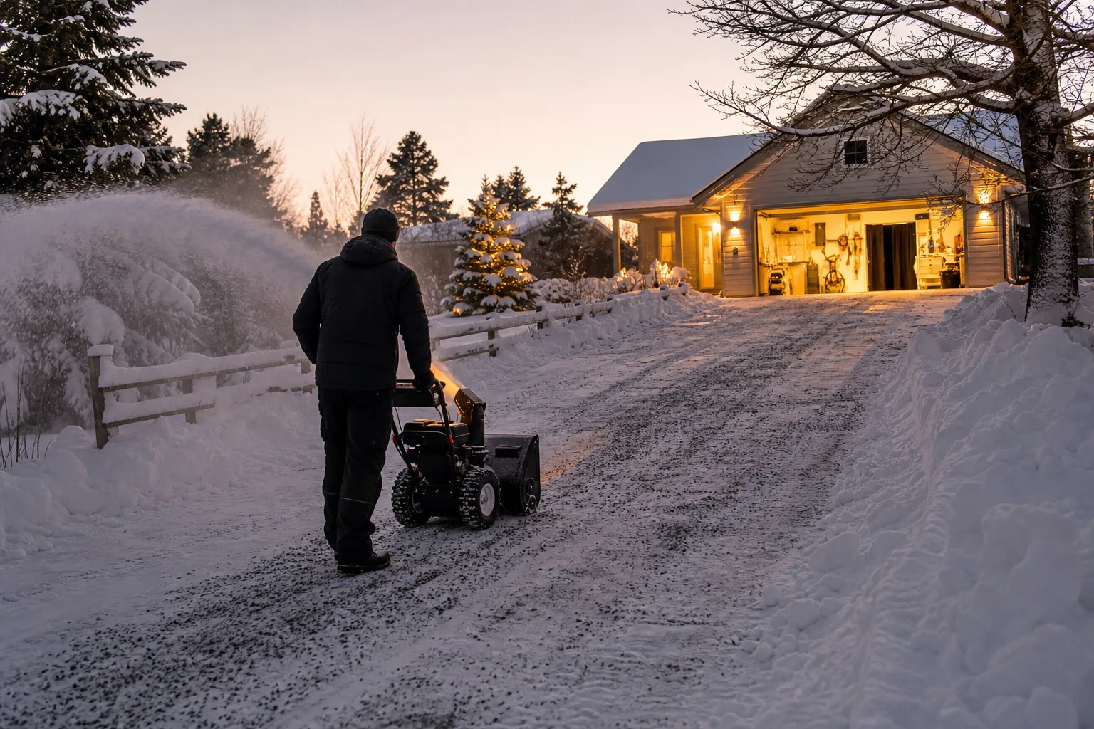 Svensk uppfart med lätt nysnö i förgrunden och en kompakt plogvall vid gatan