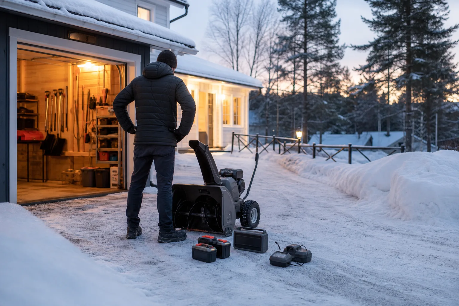 Snötäckt uppfart med plats för snöslunga, batterier och laddare