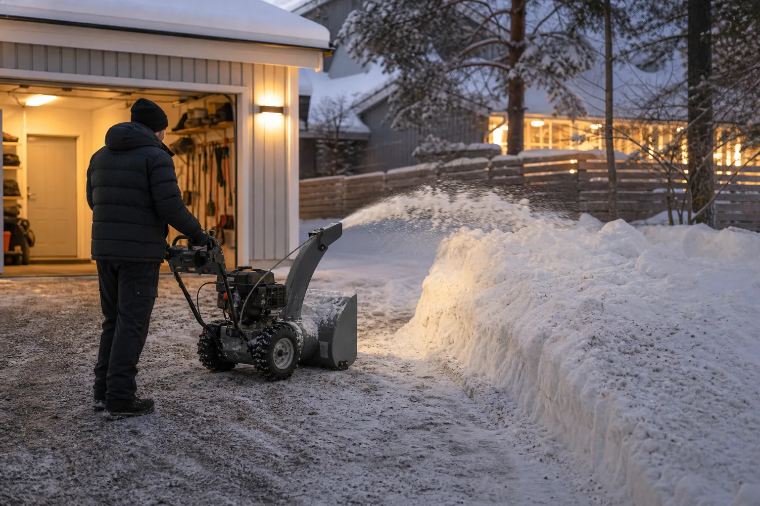 Bensindriven tvåstegsslunga framför tung snö och en plogvall på en garageuppfart