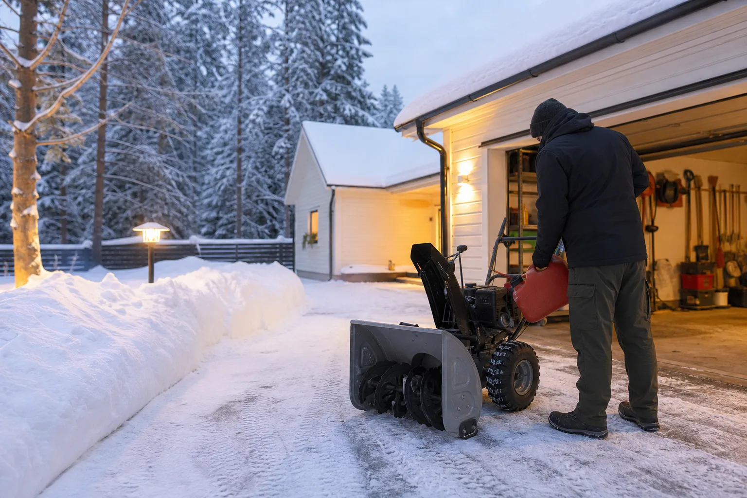Bränsledunk bredvid en avstängd snöslunga utomhus