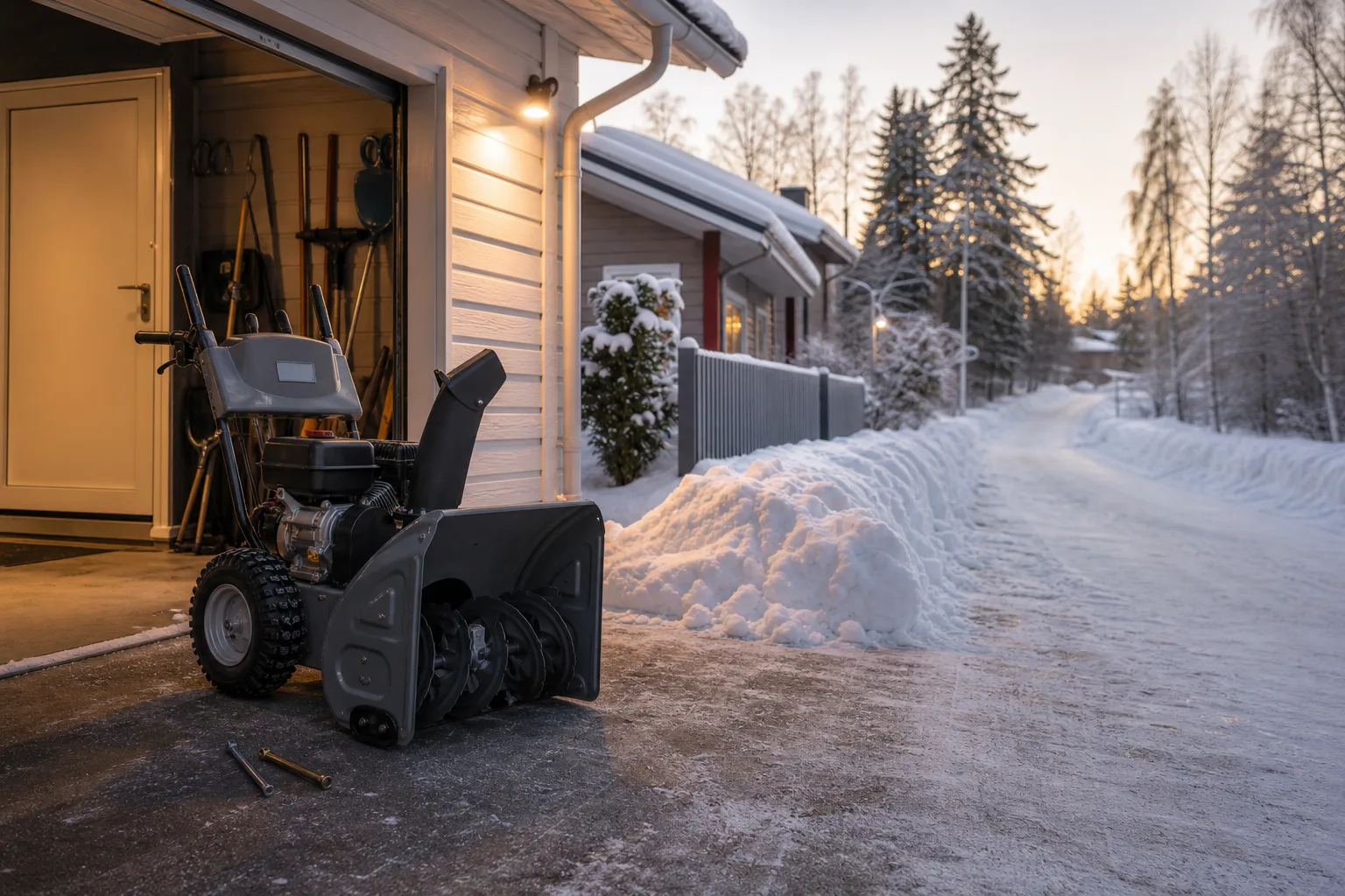 Avstängd snöslunga med brytpinnar på fast underlag