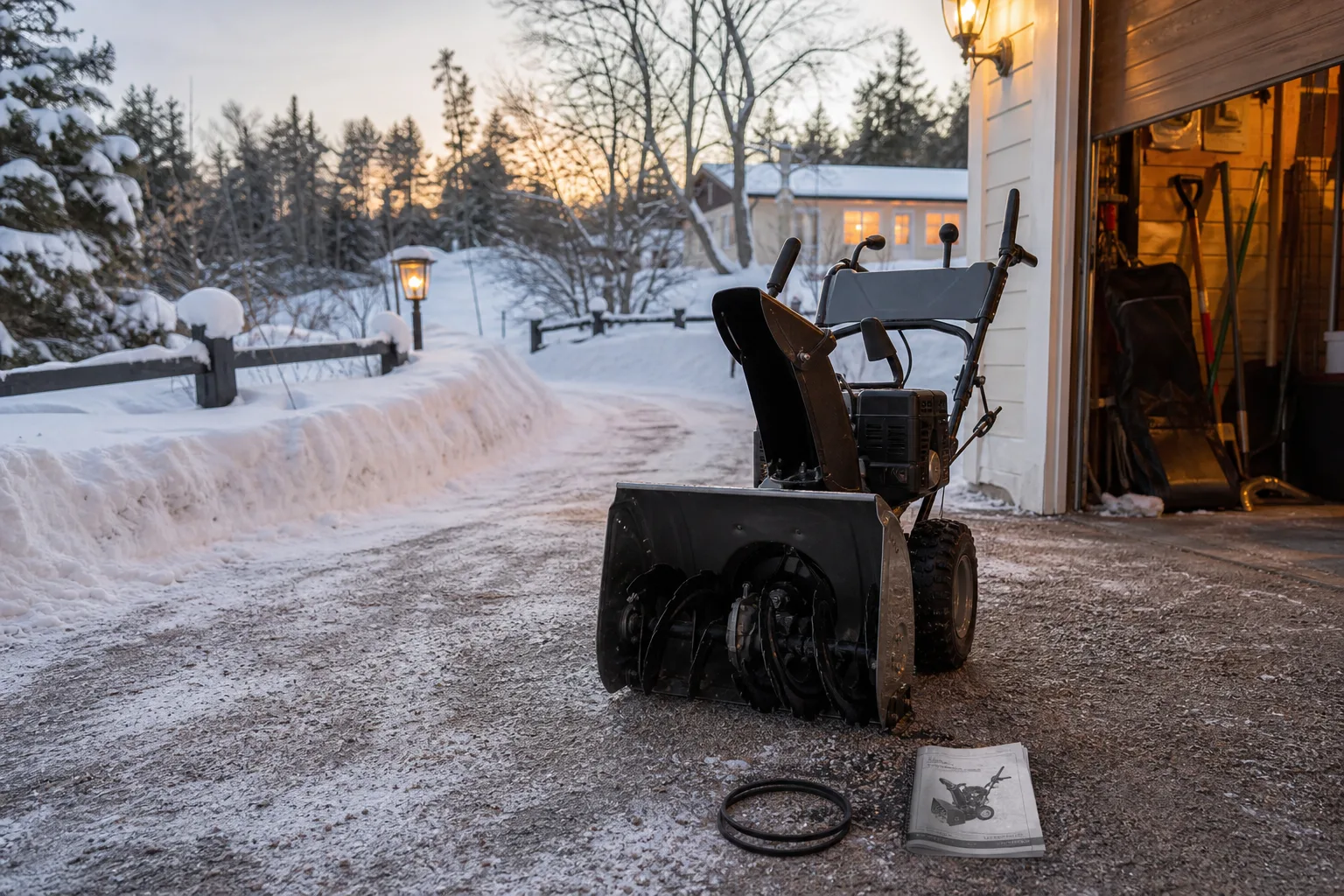 Drivrem bredvid modell- och serienummer på en avstängd snöslunga