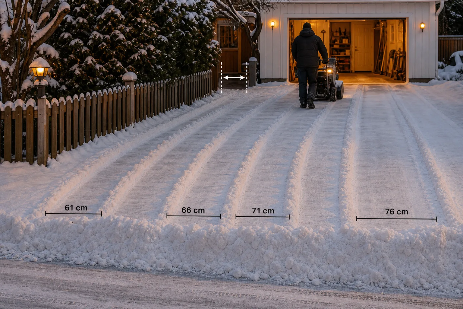 Snötäckt uppfart med markerade röjspår och en smal passage