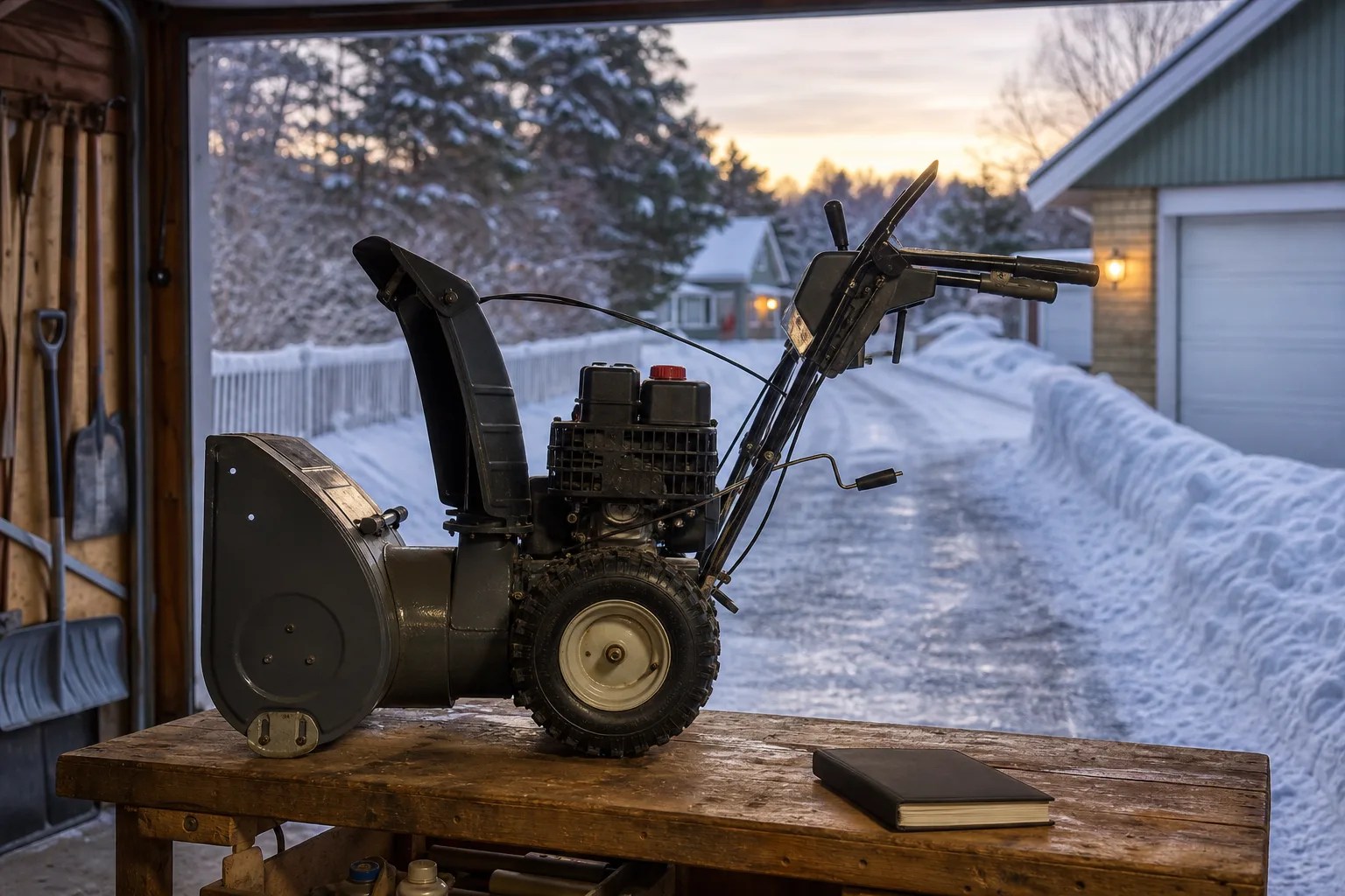 Avstängd snöslunga på torr arbetsyta med rensverktyg bredvid