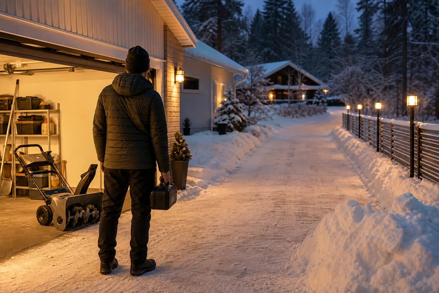 Snötäckt villauppfart i kvällsljus