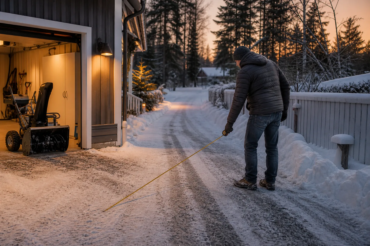 Person som mäter den smalaste delen av en snötäckt uppfart
