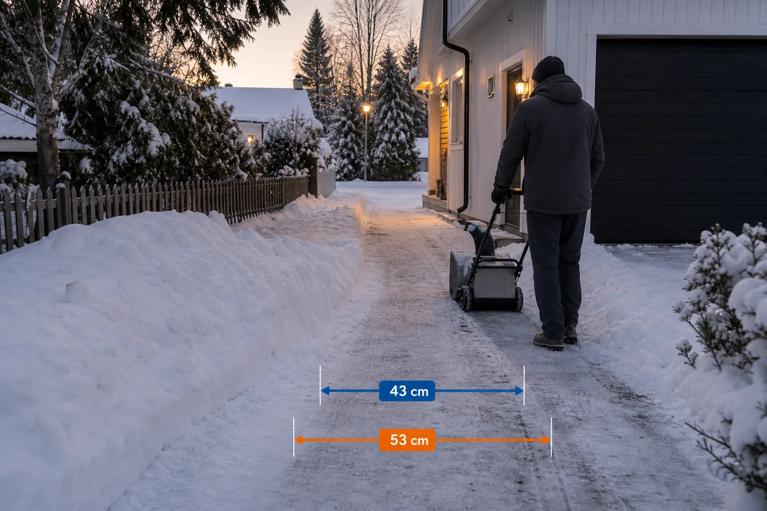 Smal snötäckt gång med markeringar för 43 och 53 centimeters röjbredd