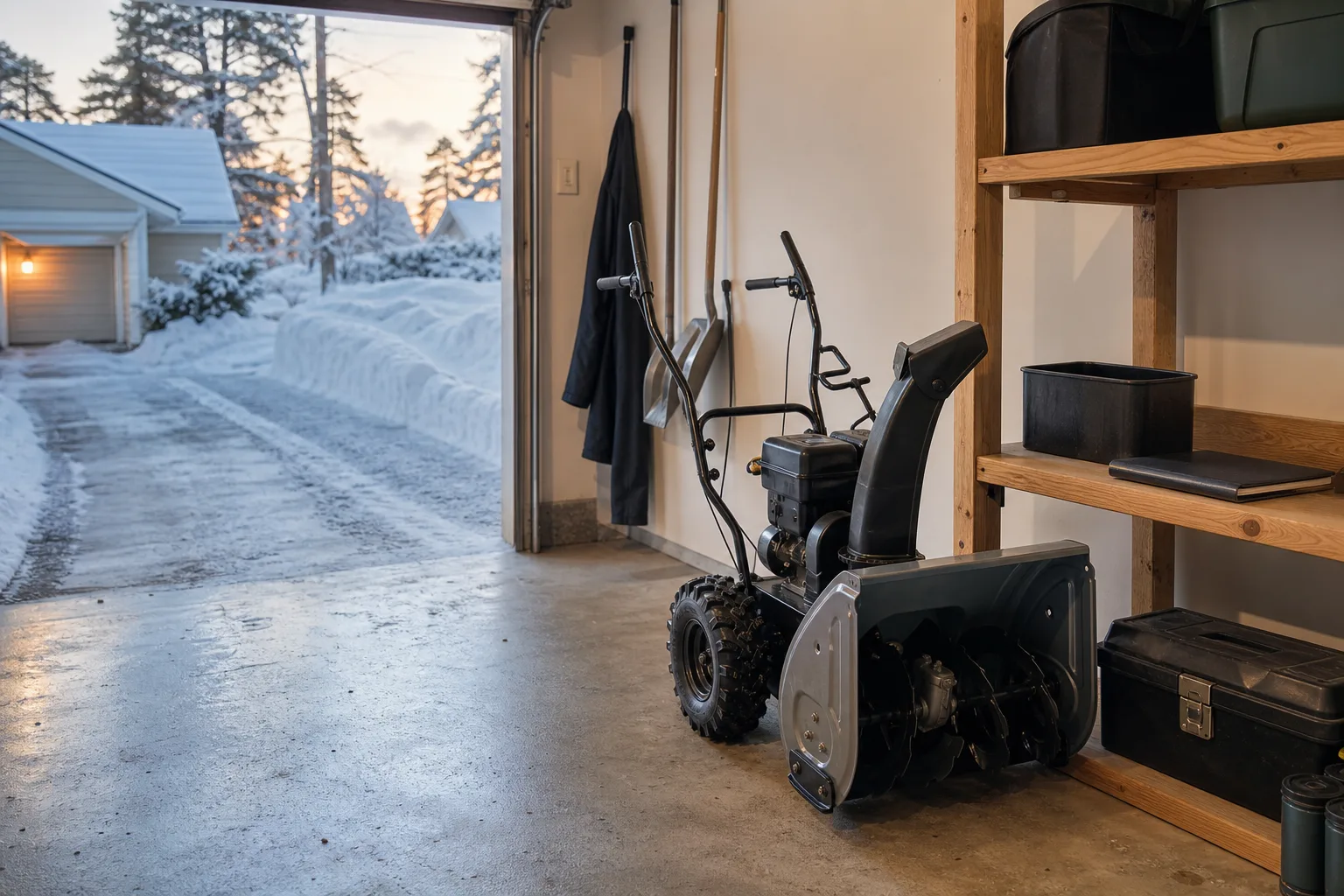 Rengjord snöslunga på torrt garagegolv med fri yta runt maskinen