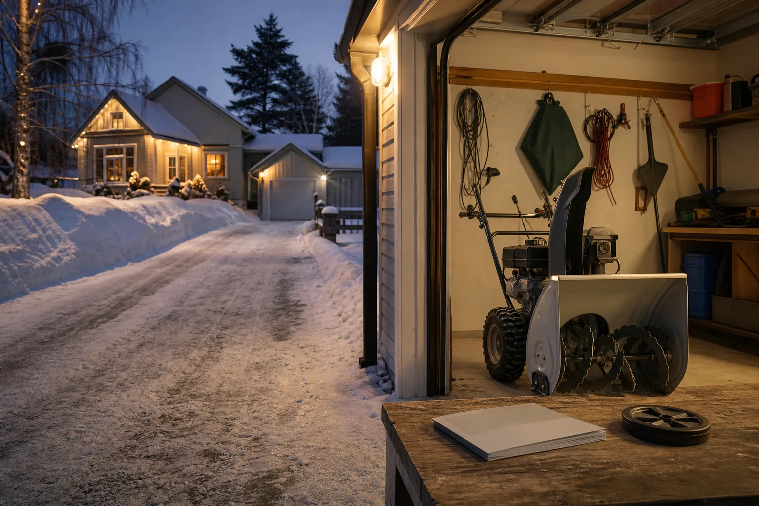 Avstängd snöslunga med en öppen instruktionsbok i ett garage