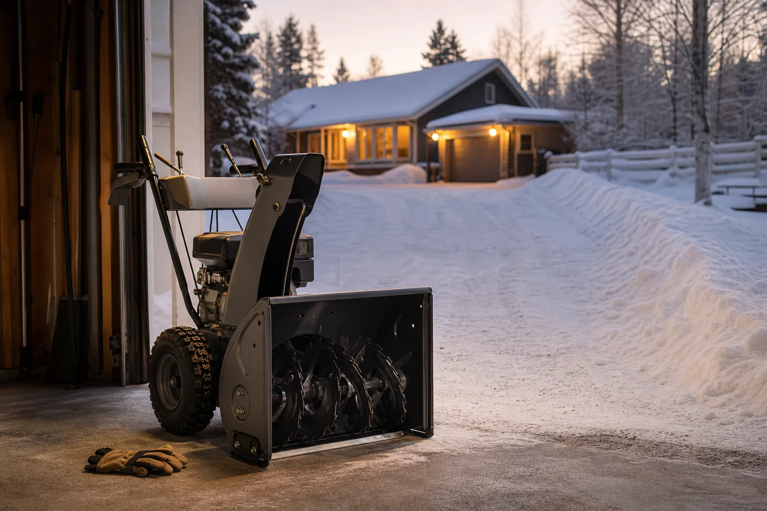 Skyddshandskar framför en avstängd snöslunga med synlig skraplist