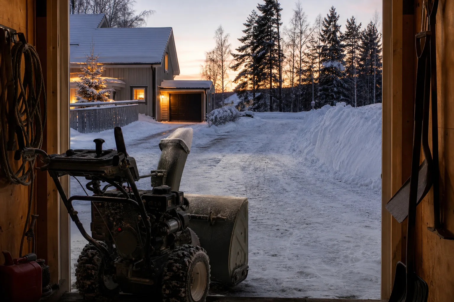 Smal förrådsöppning som leder ut mot en bred snötäckt uppfart och plogvall