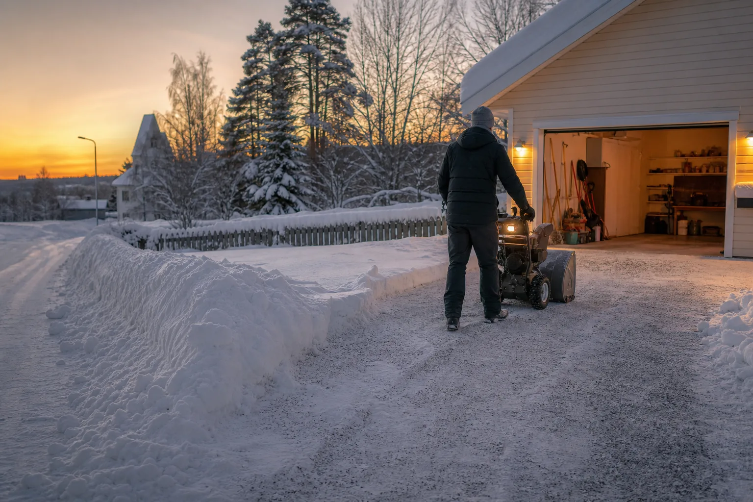 Snötäckt villauppfart med lätt snö nära huset och plogvall vid vägen