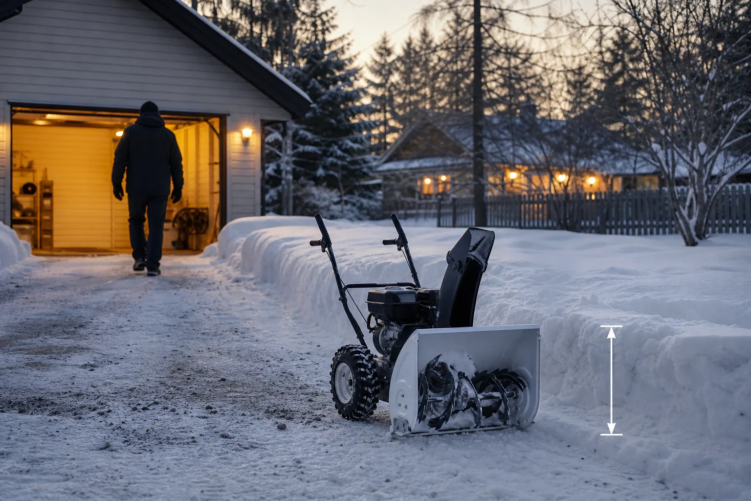 Snöslunga vid en plogad uppfart med markering för intagshöjd