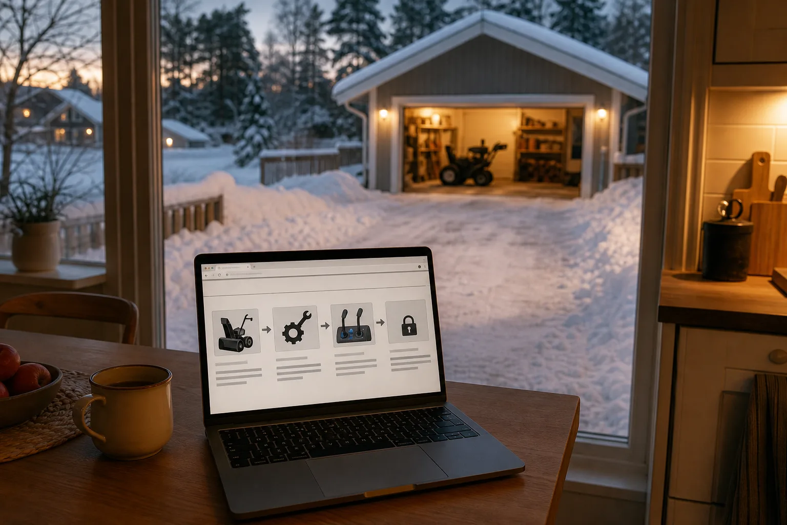 Laptop med en köpguide i ett lugnt hem