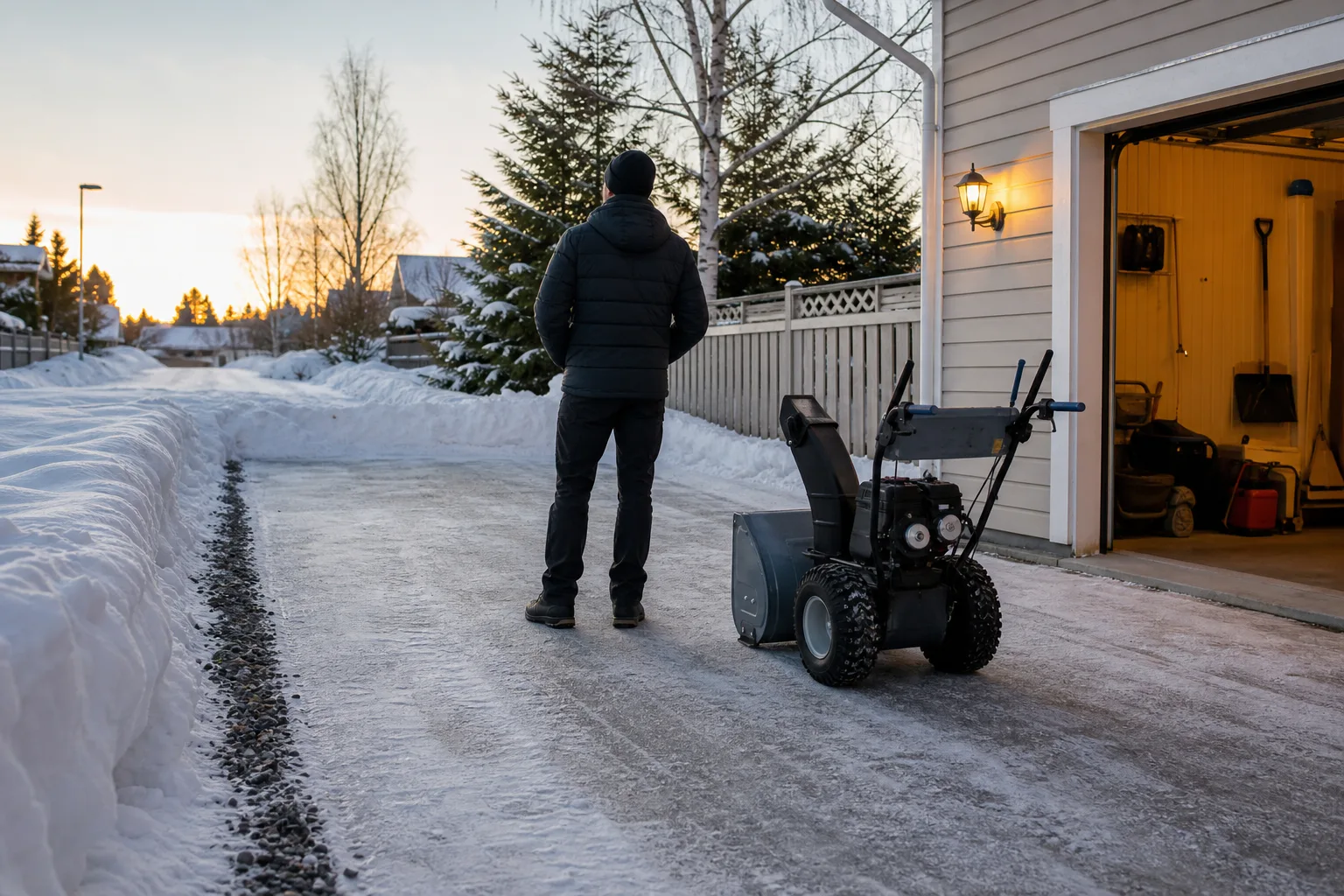Avstängd snöslunga med utkastarröret riktat från uppfarten