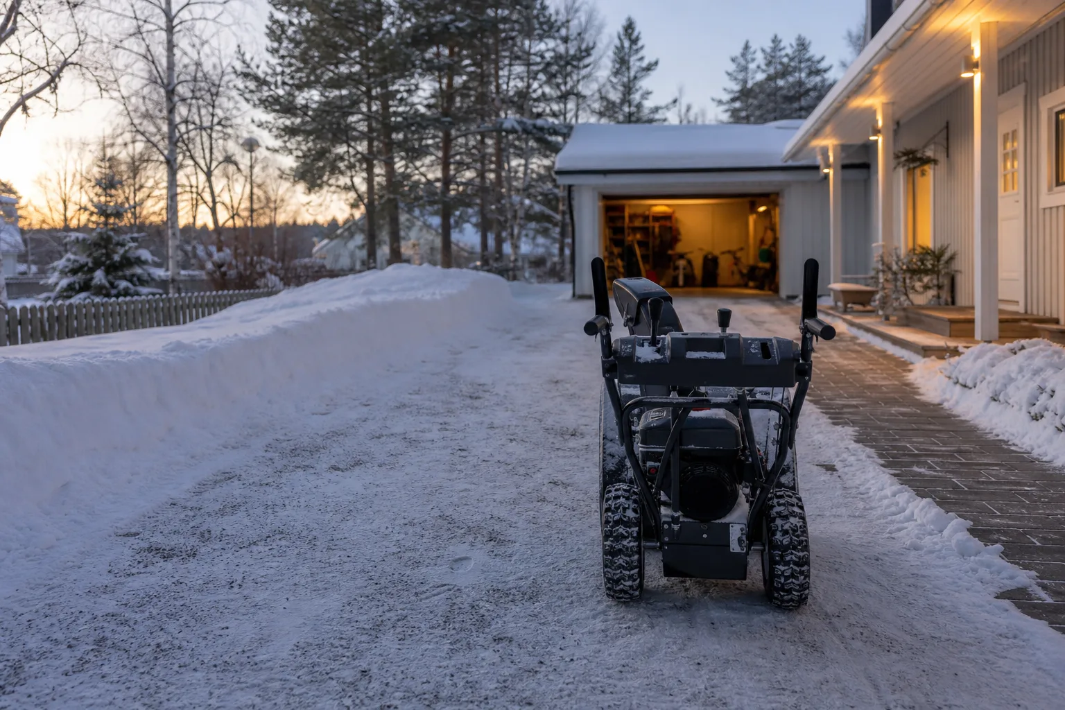 Röjd villauppfart med snö upplagd vid sidan av körvägen