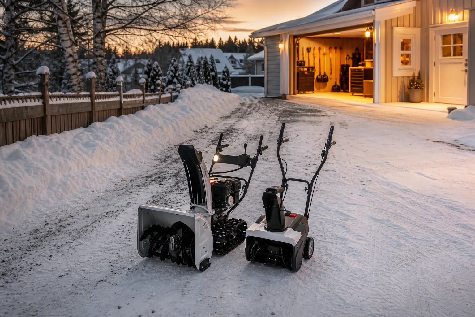 Larvband och kompakt snöslunga jämförda på en snötäckt uppfart