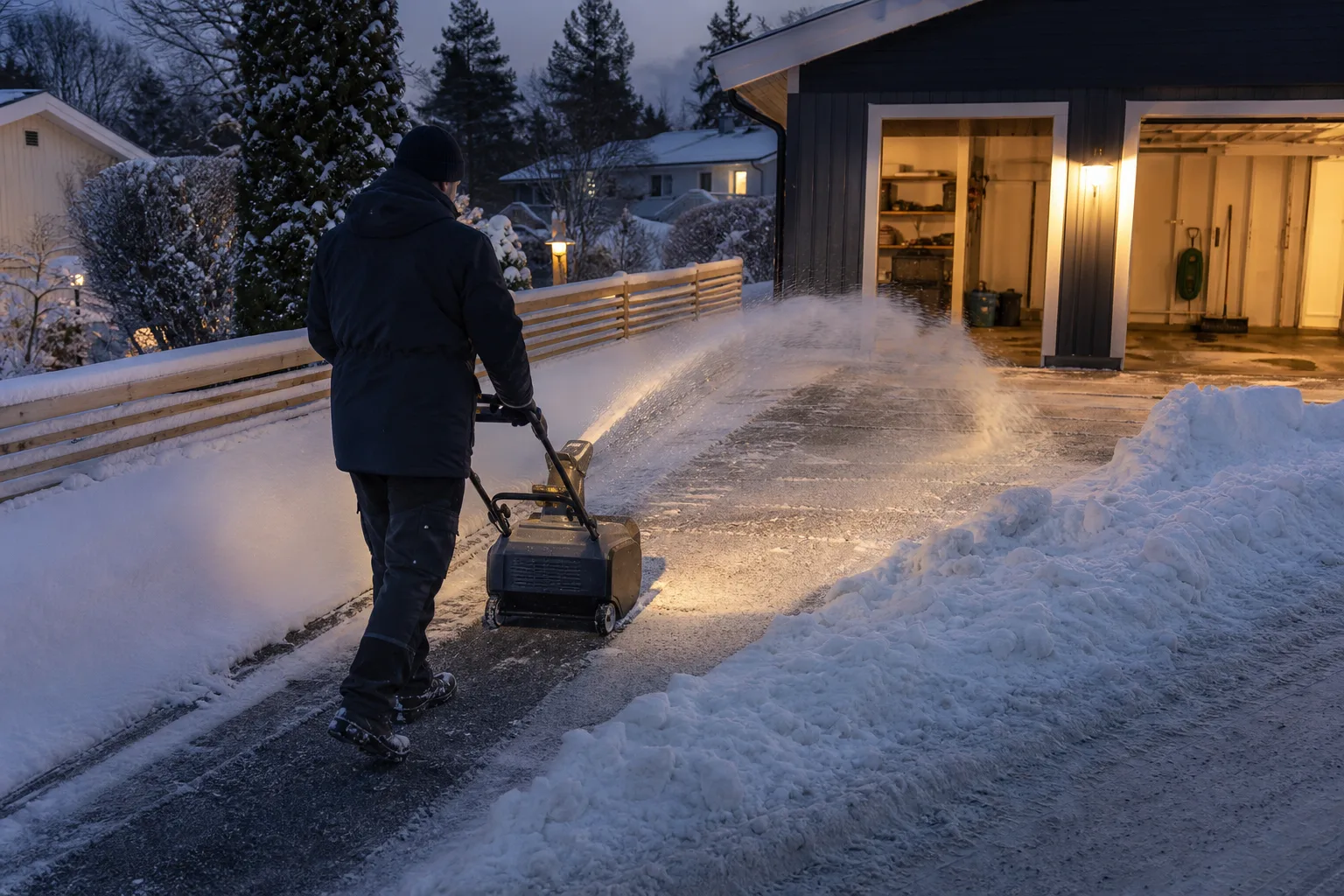 Liten snöslunga vid en kort asfalterad uppfart med tunn nysnö