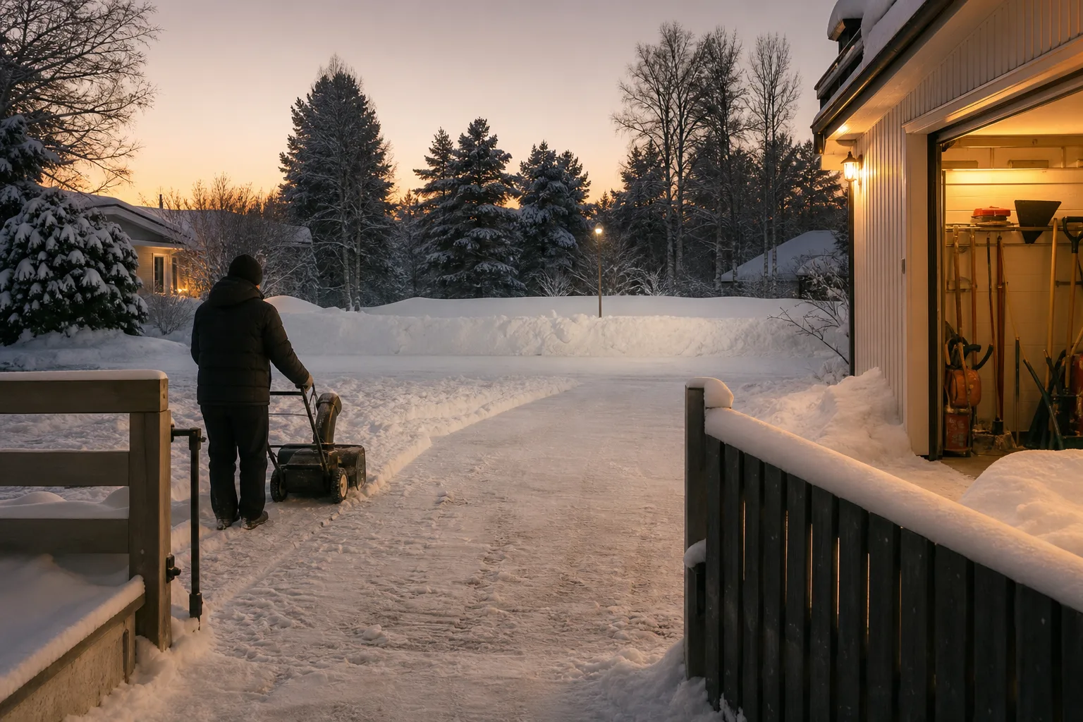 Smal grindpassage framför en bred gård med tung snö