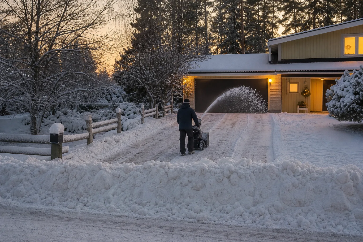 Snötäckt uppfart med plogvall vid gatan och en avstängd snöslunga