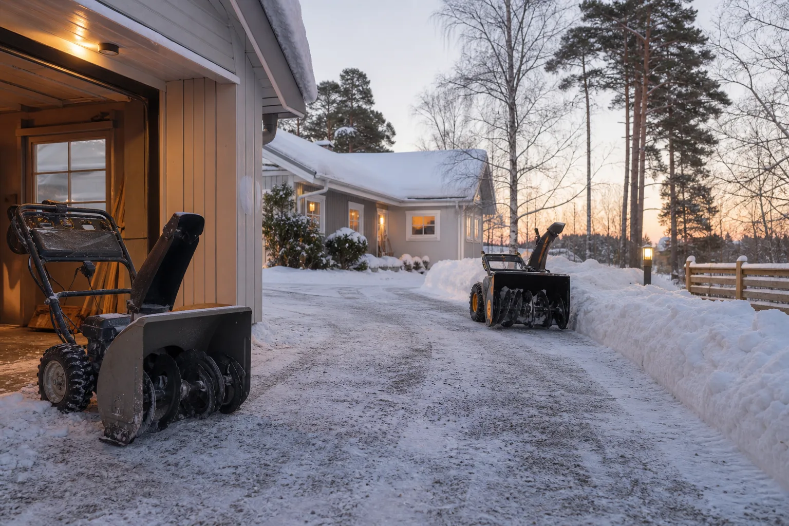 Snöslunga vid en röjd villauppfart