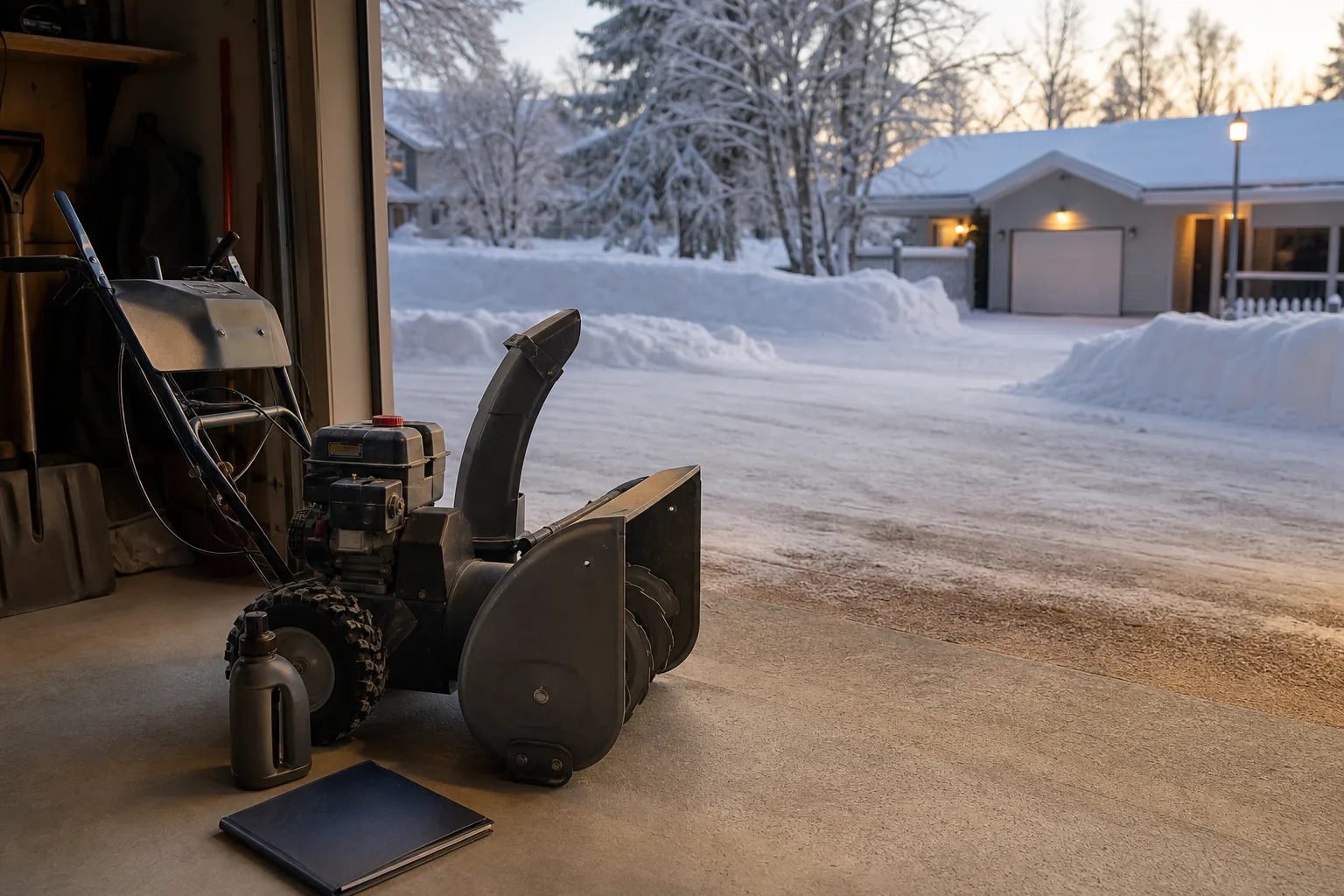 Avstängd snöslunga, motorolja och tratt på en torr arbetsbänk