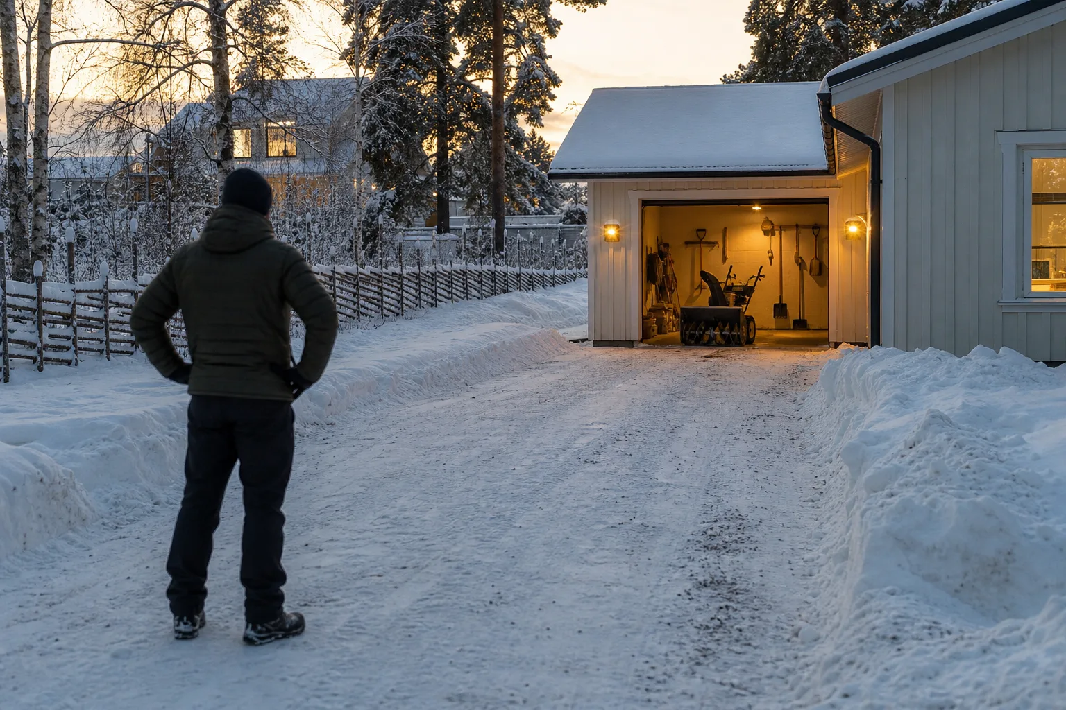 Snötäckt uppfart framför ett svenskt hus