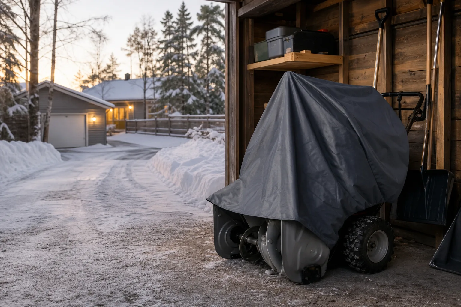 Avstängd snöslunga med överdrag i ett torrt förråd