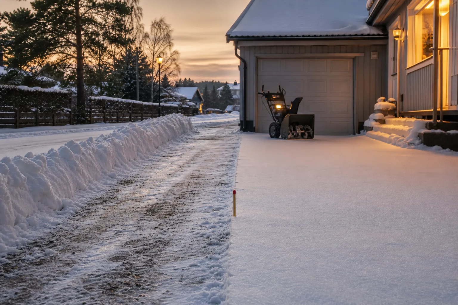 Smal röjd passage bredvid en bred orörd snöyta på en vinteruppfart