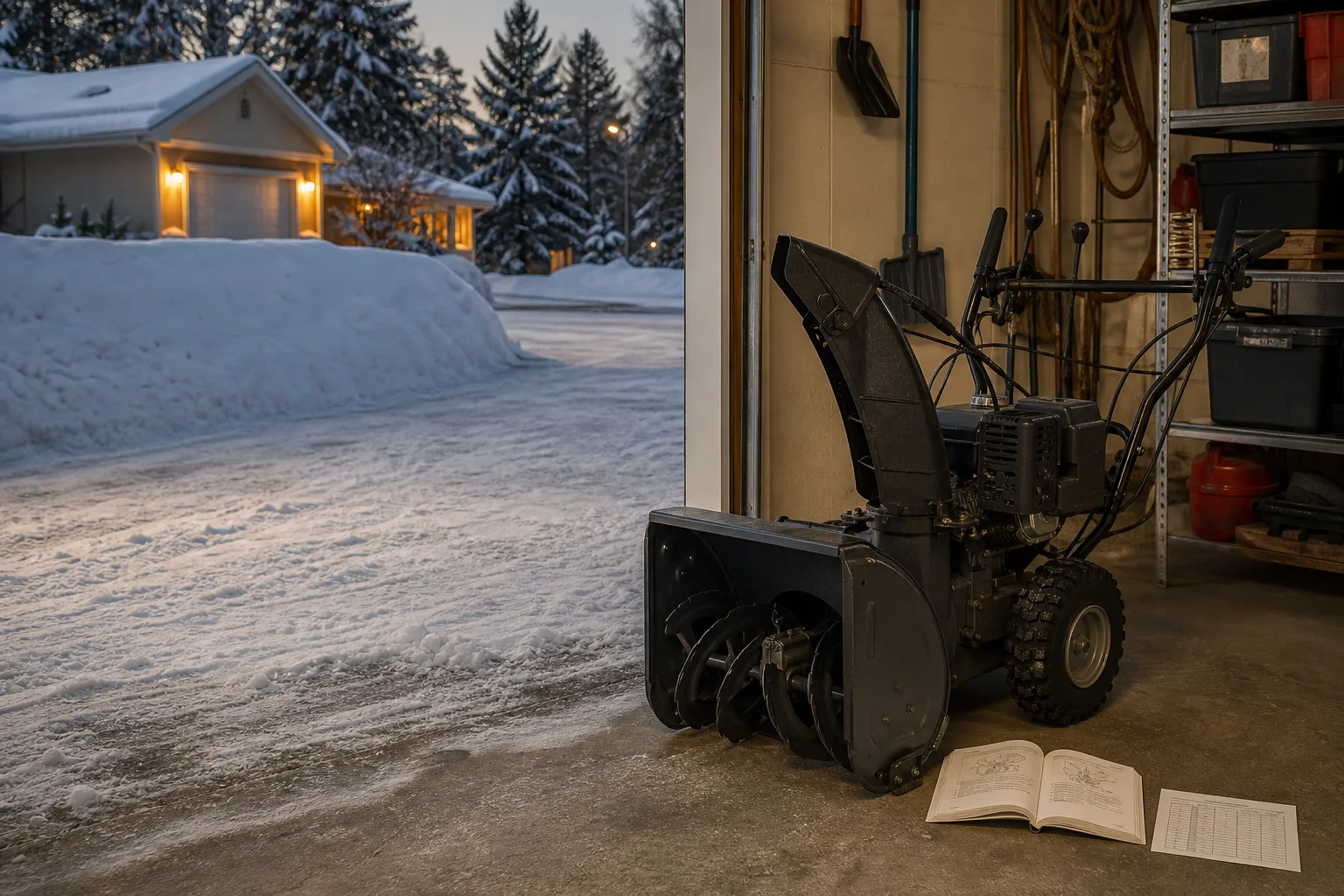 Avstängd snöslunga i garage med instruktionsbok och modellskylt intill