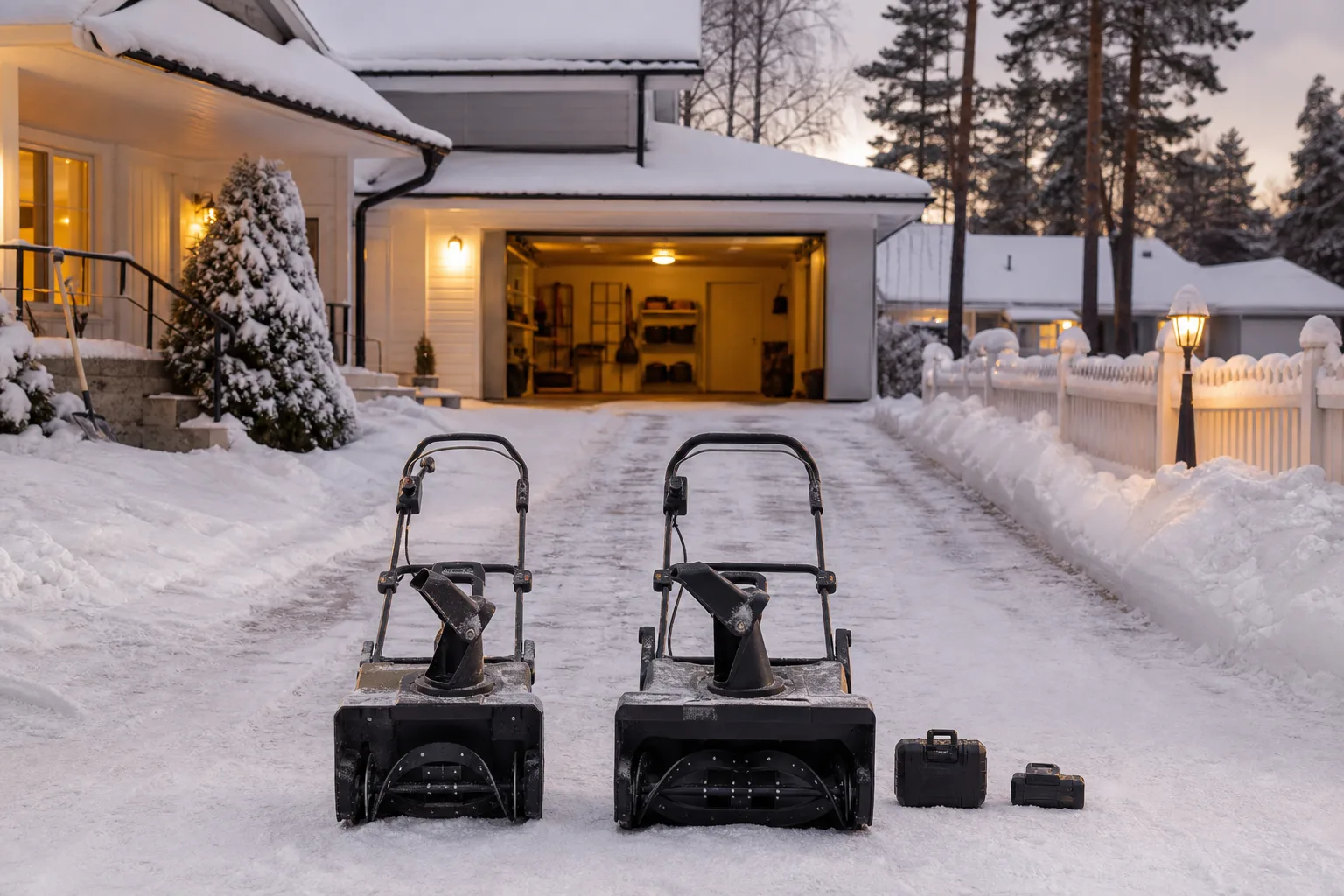 Två batteridrivna snöslungor med olika bredd och separata batteripaket vid en svensk uppfart