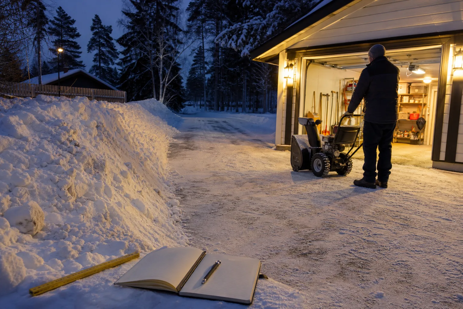 Snötäckt uppfart med måttstock vid snökanten
