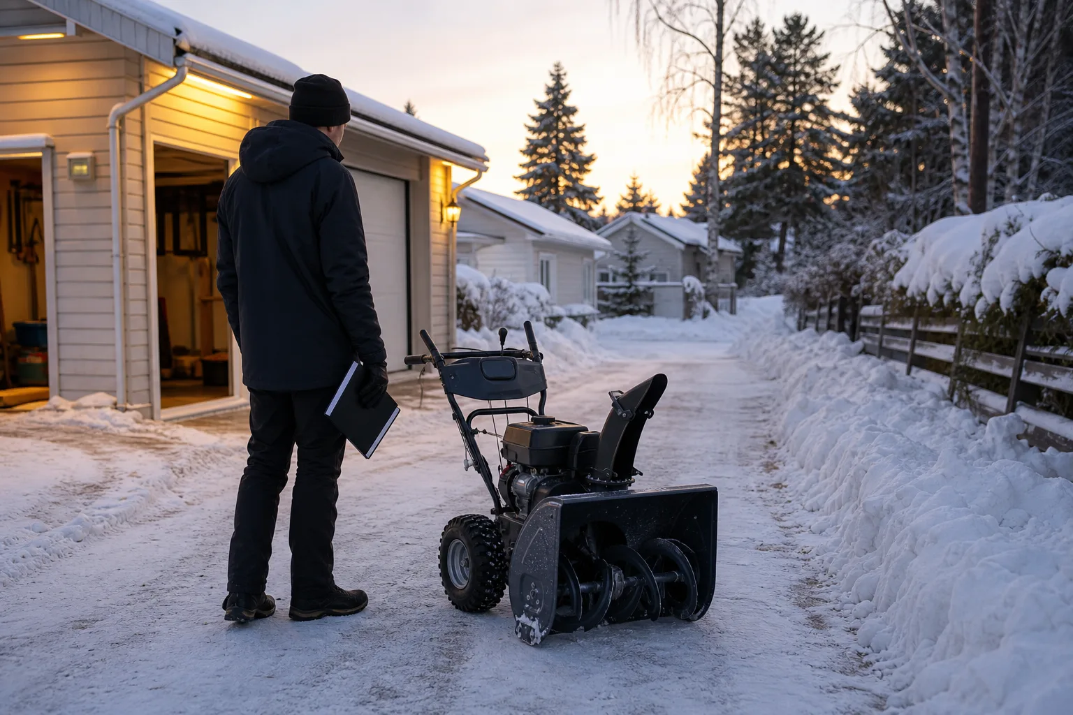 Avstängd snöslunga på uppfart med modellskylt och stängd bok bredvid
