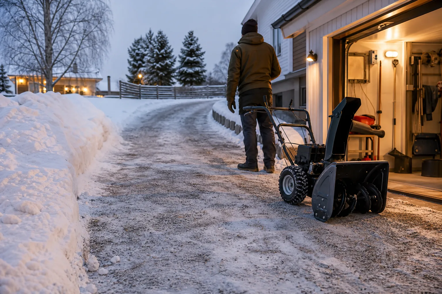 Avstängd snöslunga på en lätt lutande uppfart där hjul och underlag syns