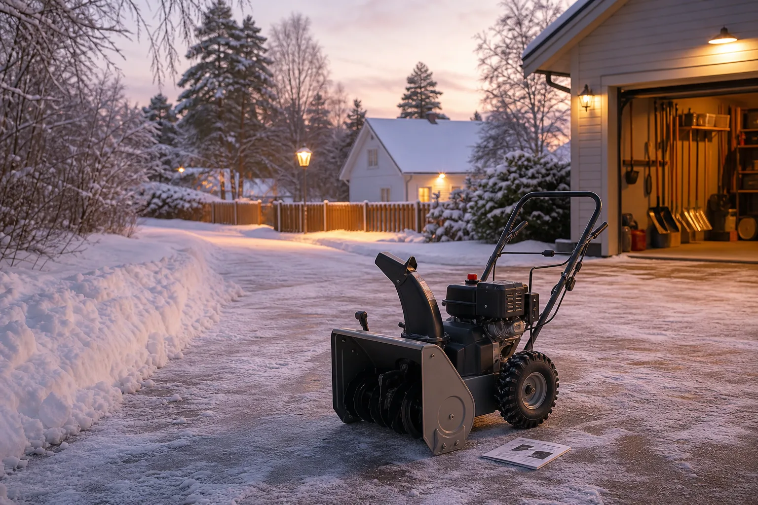 Avstängd snöslunga på en snötäckt uppfart