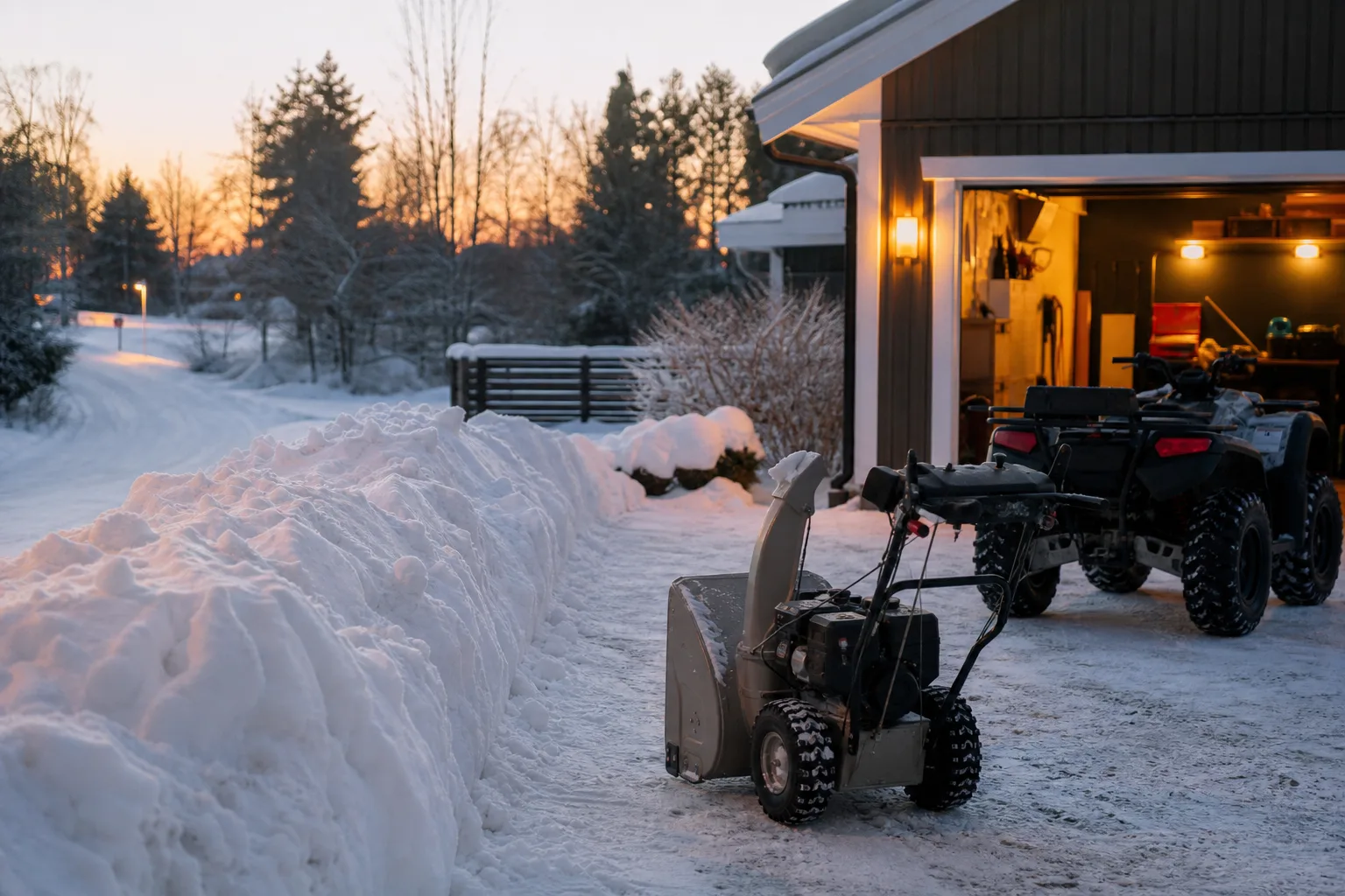 Parkerad ATV och snöslunga vid en snötäckt gårdsplan