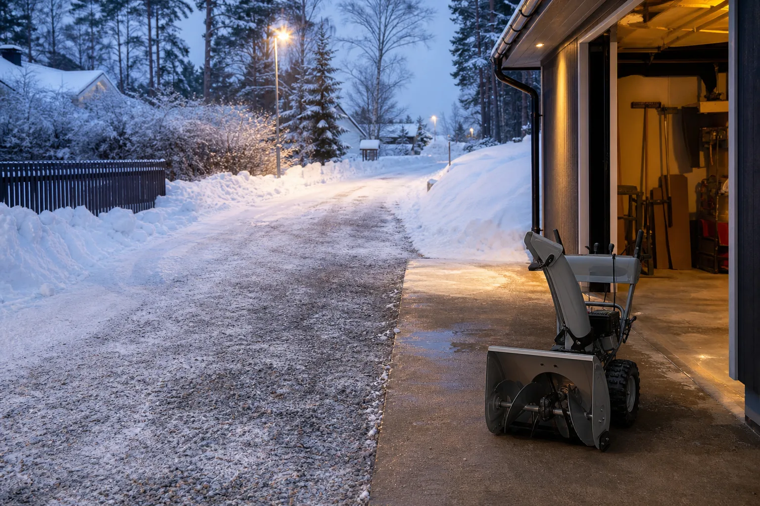 Snöig grusuppfart med tydlig gräns mot en hårdgjord yta