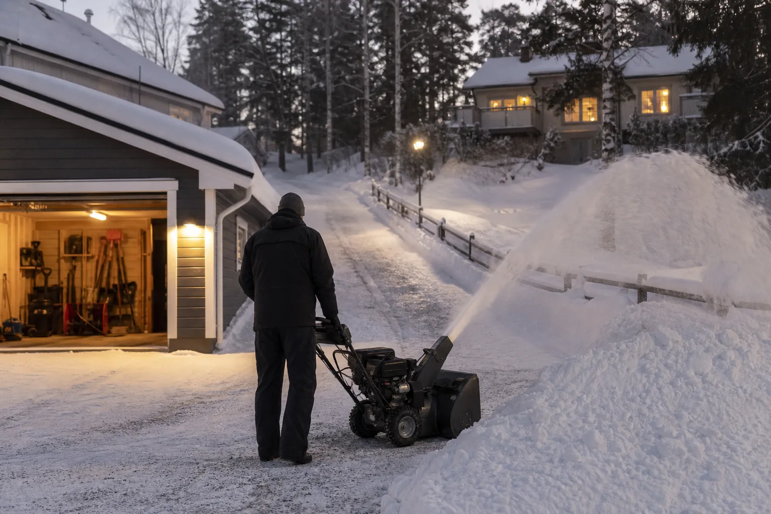 Tvåstegssnöslunga på en lång snöig uppfart med plogvall längst bort