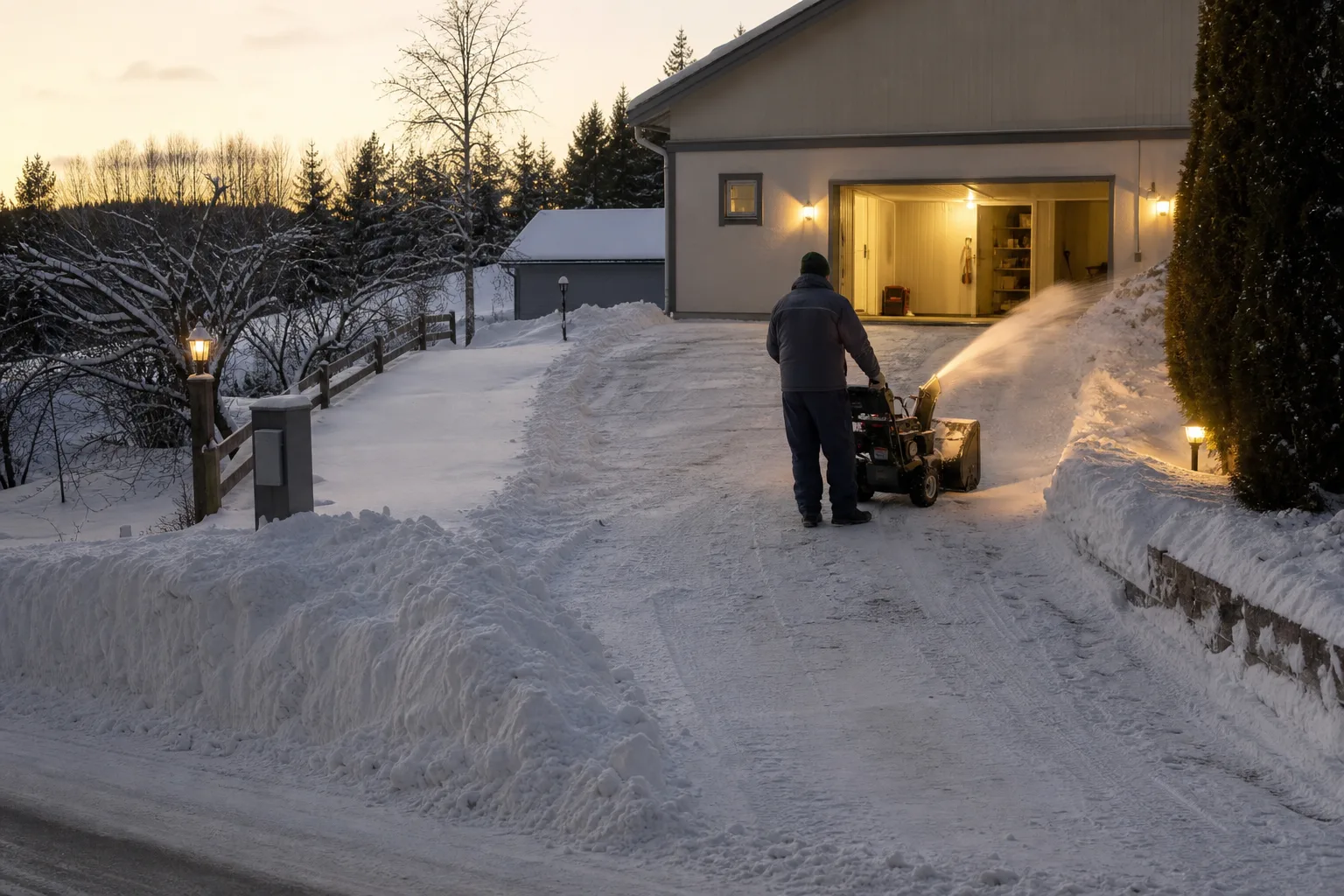 Villauppfart med plan del, svag lutning och plogvall vid infarten