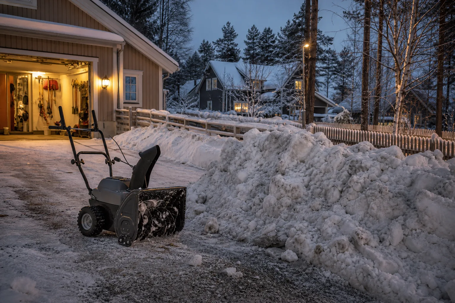 Avstängd snöslunga framför en blöt plogvall på en uppfart