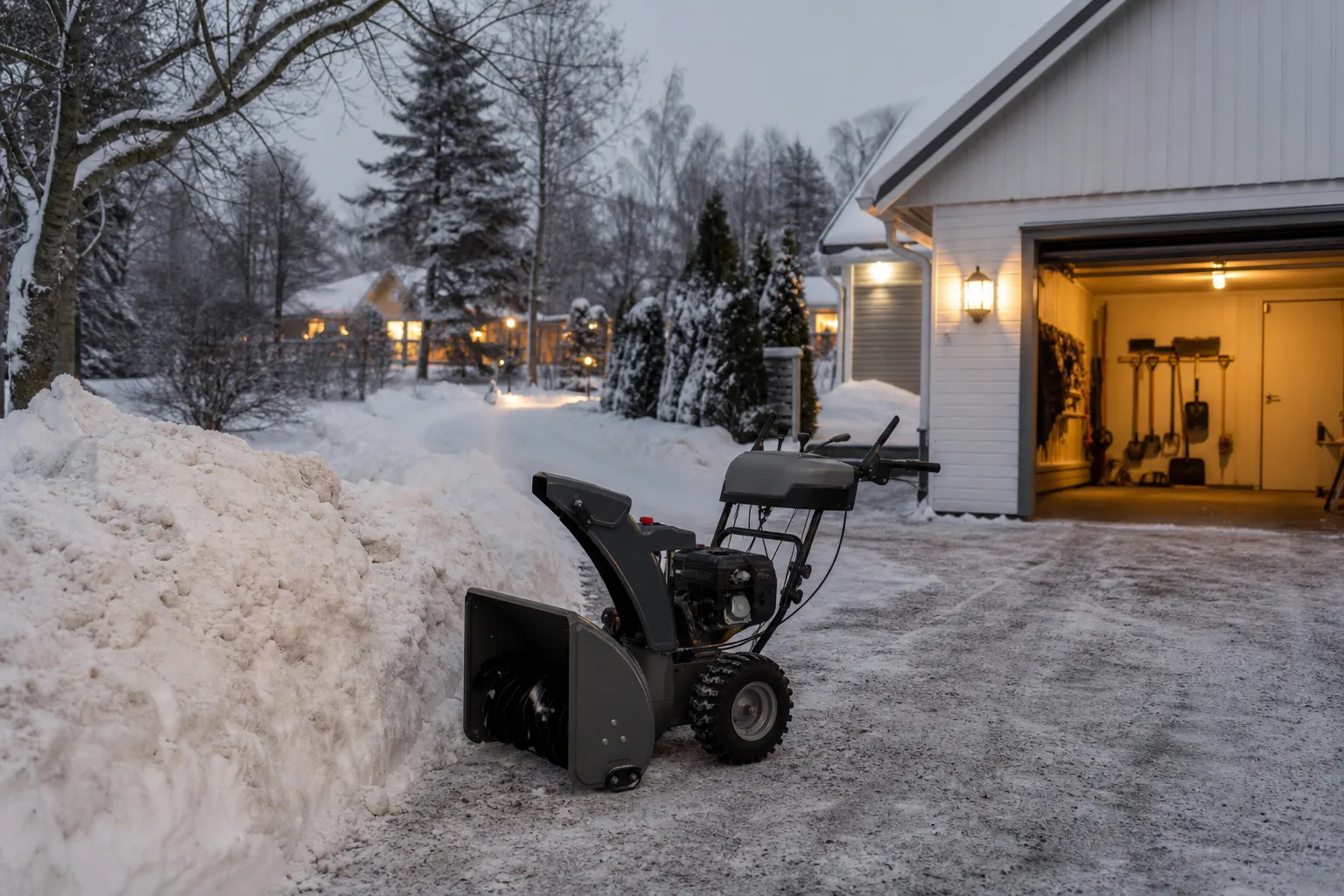 Snöslunga vid en tung och blöt plogvall på en längre uppfart