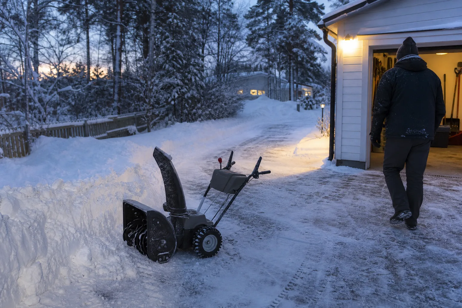 Stillastående snöslunga med packad snö vid utkastet och rensverktyg bredvid
