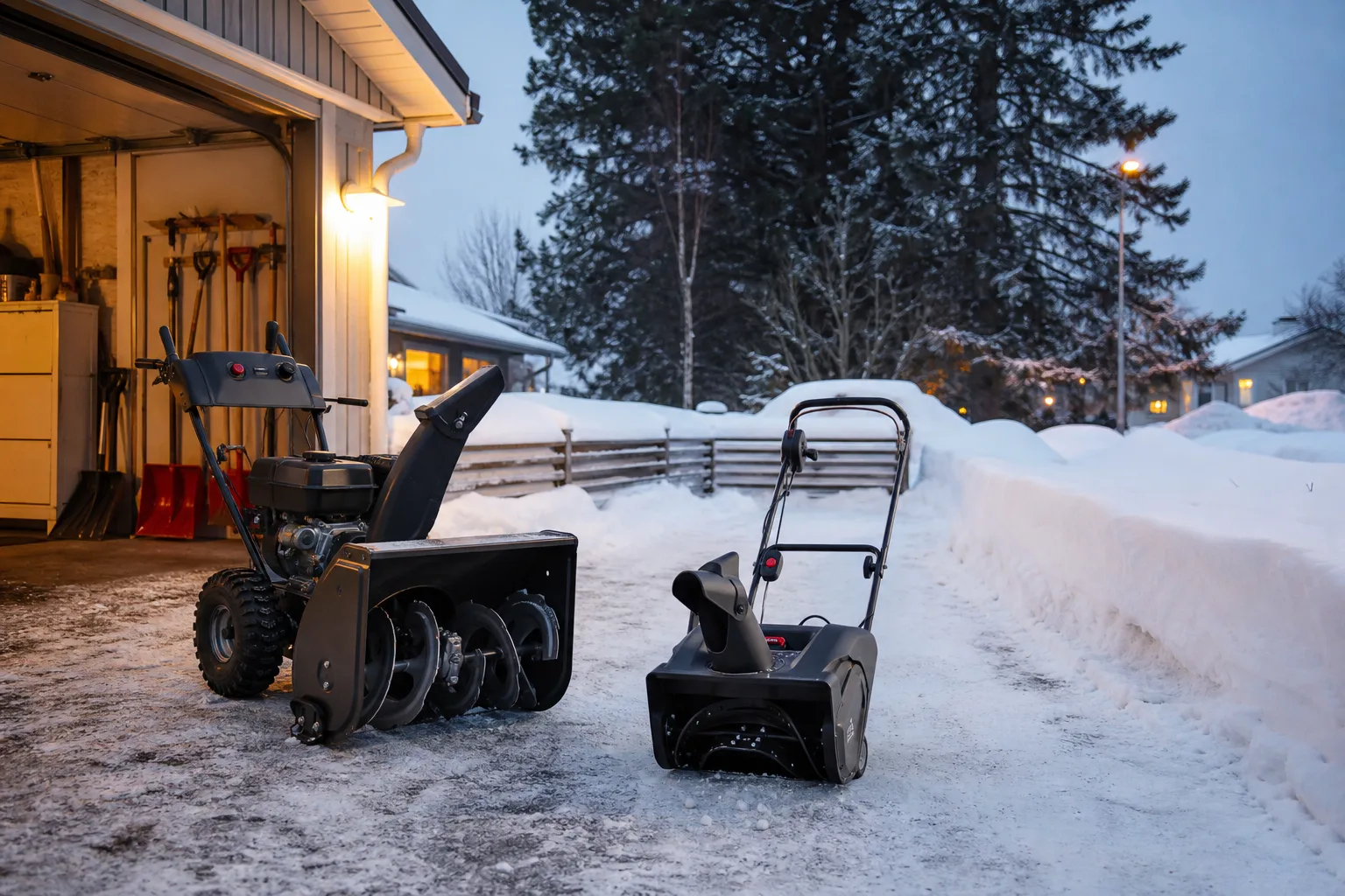 Bensinsnöslunga med startknapp bredvid en mindre batterisnöslunga på en snöig uppfart