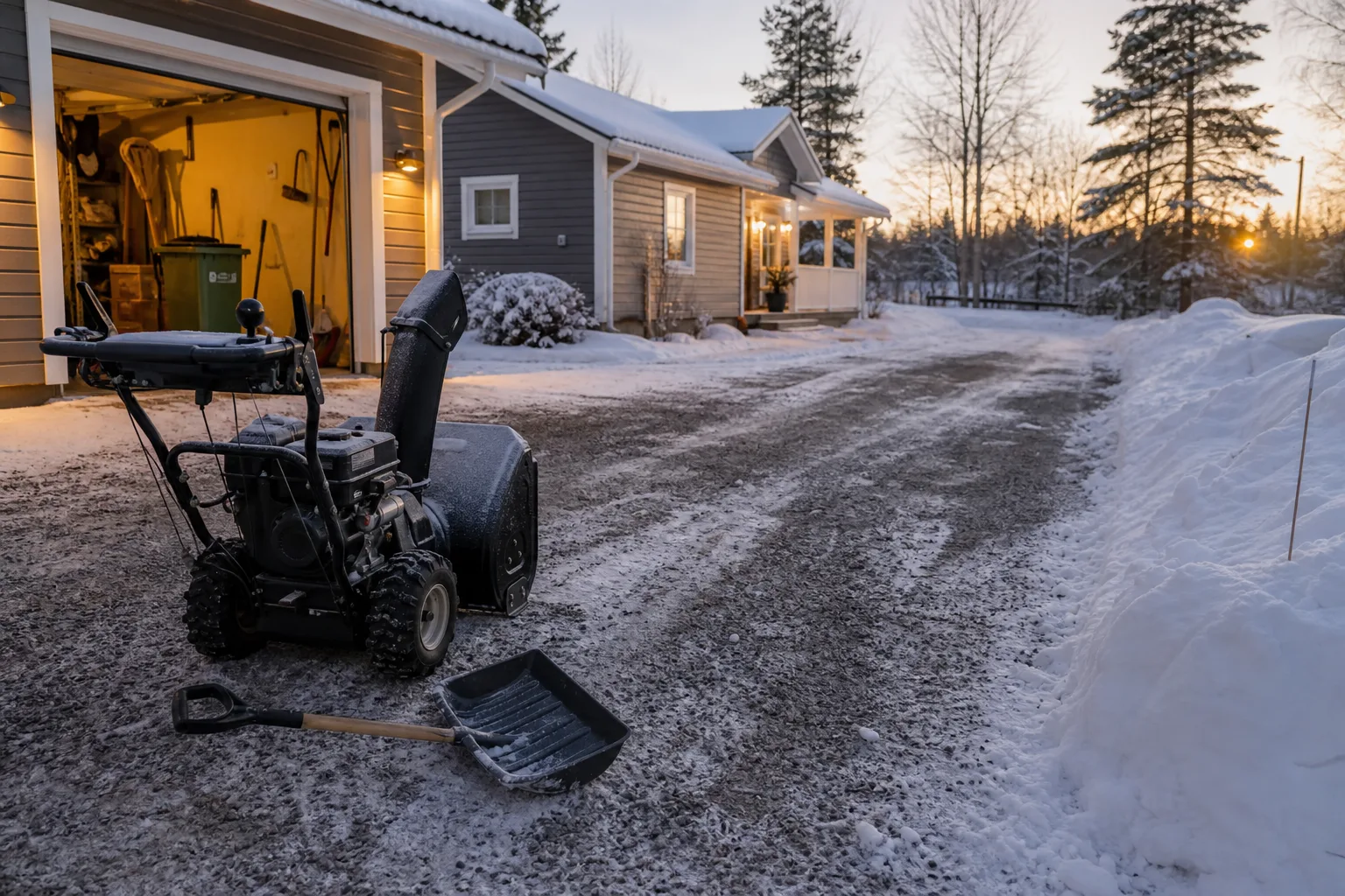 Snöslunga vid kanten mellan hårdgjord yta och grus