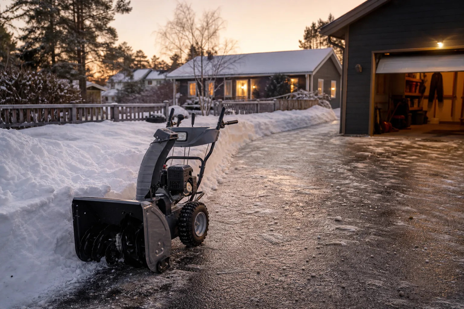 Avstängd snöslunga framför tung och blöt snö vid en uppfart