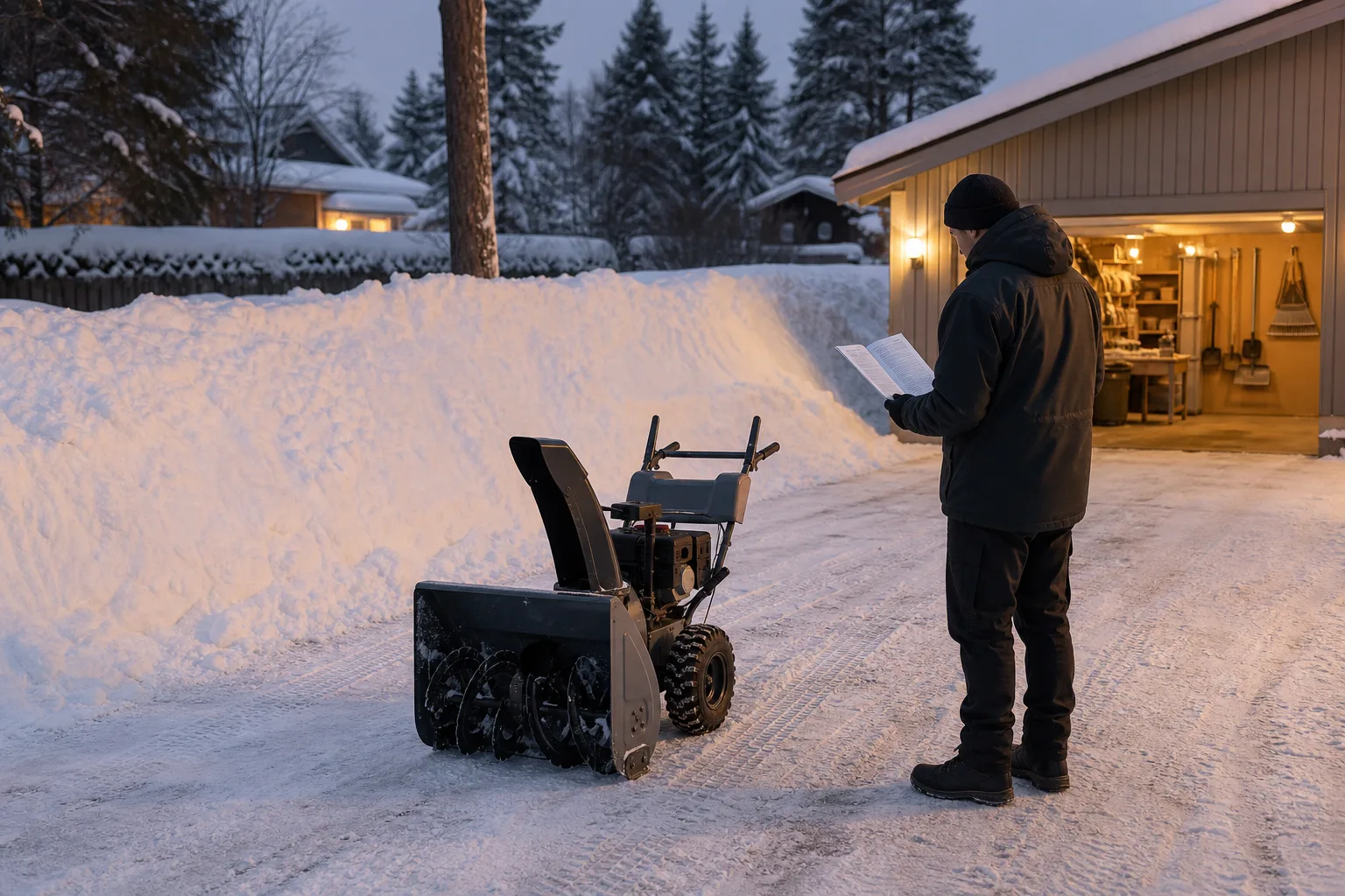 Ägare som undersöker energikällan bredvid en avstängd snöslunga