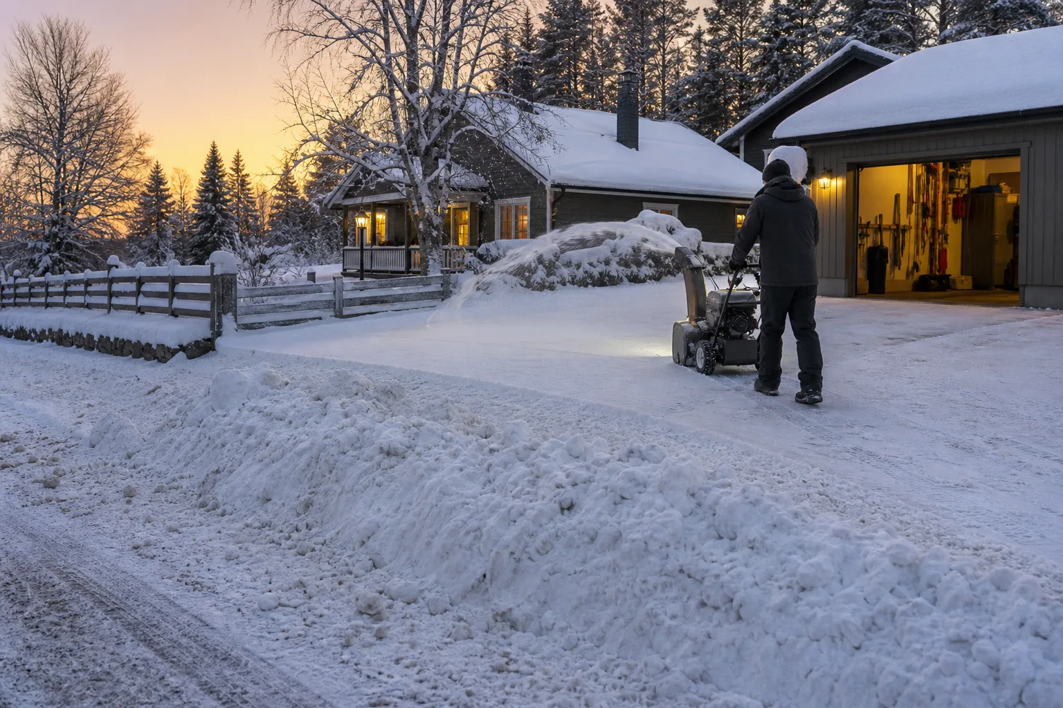 Plan garageinfart med lätt nysnö som övergår i en tung plogvall vid gatan